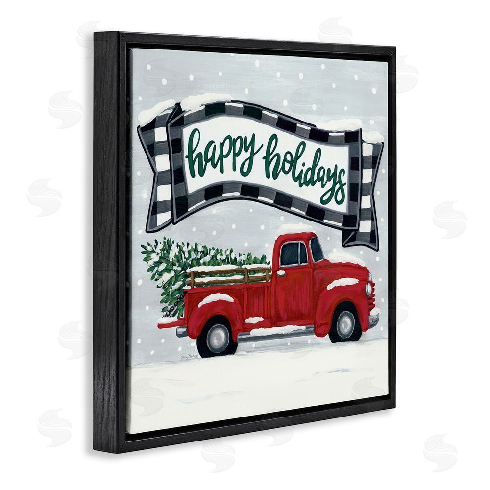 Sara Baker Happy Holiday Farm Truck & Tree Black Floating Frame Canvas Wall Art Print