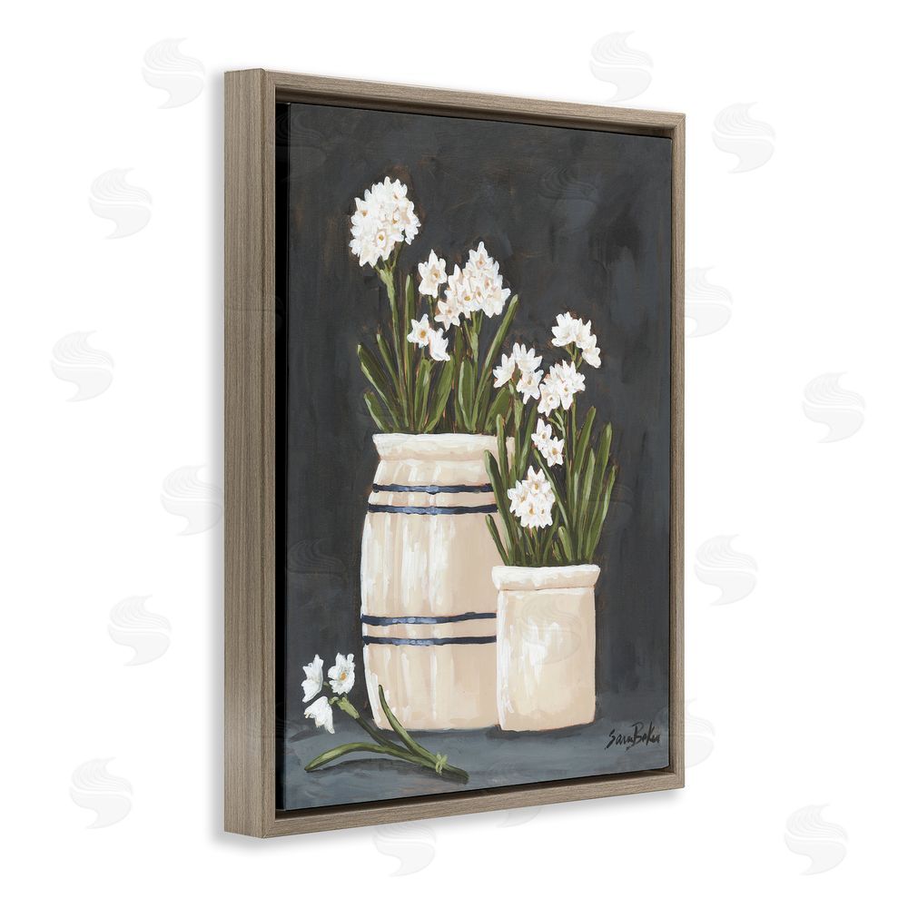 Sara Baker Vintage Crocks & Paperwhites Brown Floating Frame Canvas Wall Art Print