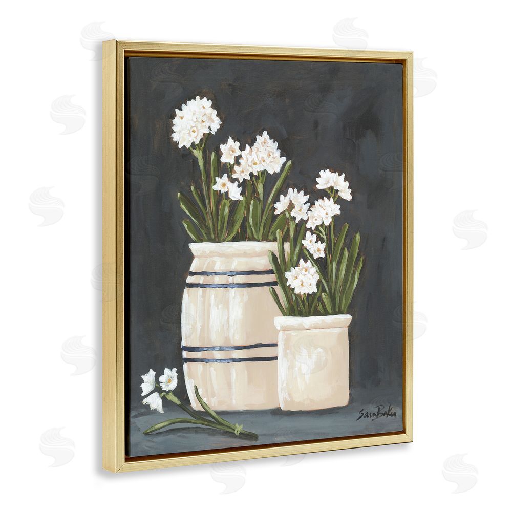 Sara Baker Vintage Crocks & Paperwhites Gold Floating Frame Canvas Wall Art Print