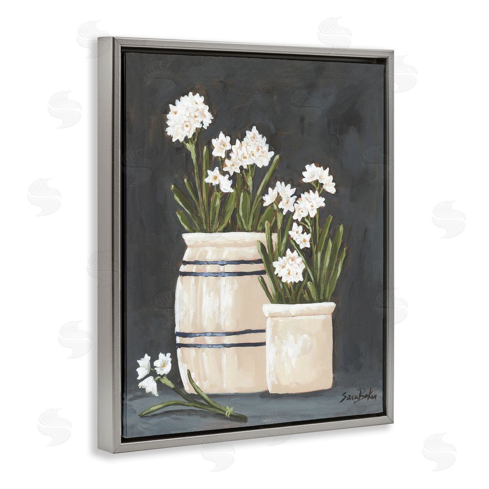 Sara Baker Vintage Crocks & Paperwhites Gray Floating Frame Canvas Wall Art Print