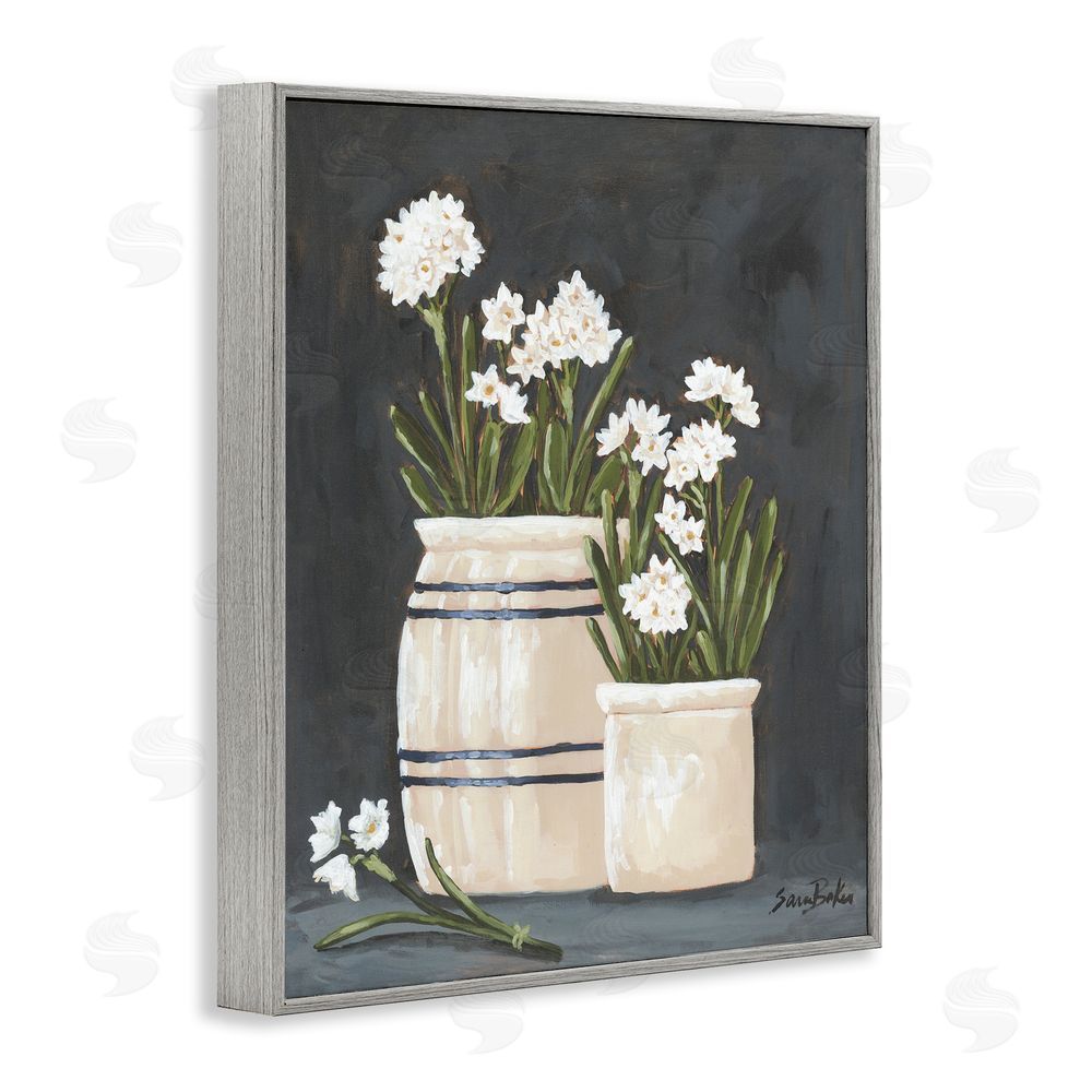 Sara Baker Vintage Crocks & Paperwhites Gray Framed Giclee Wall Art Print