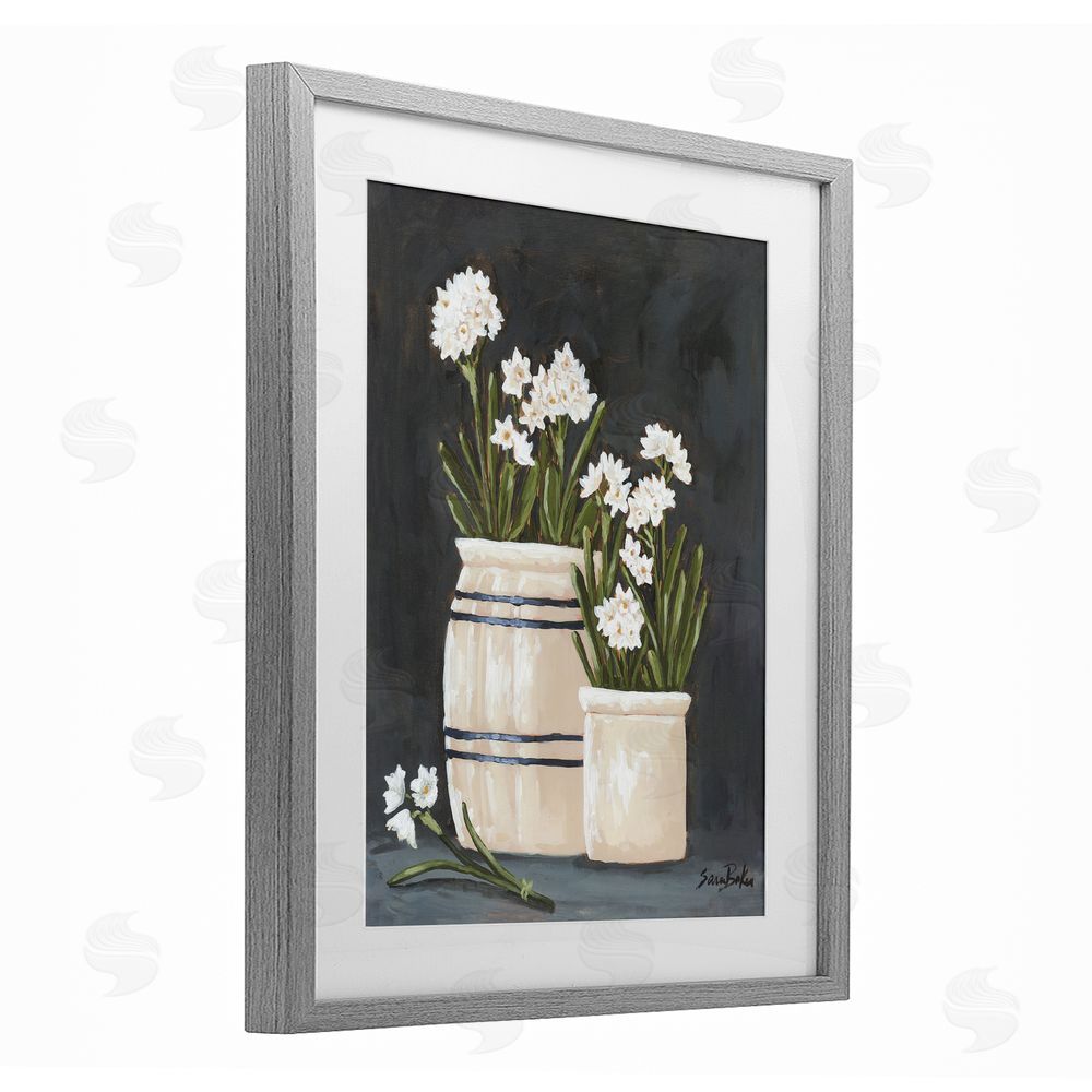 Sara Baker Vintage Crocks & Paperwhites Gray Framed Print Under Glass Wall Art