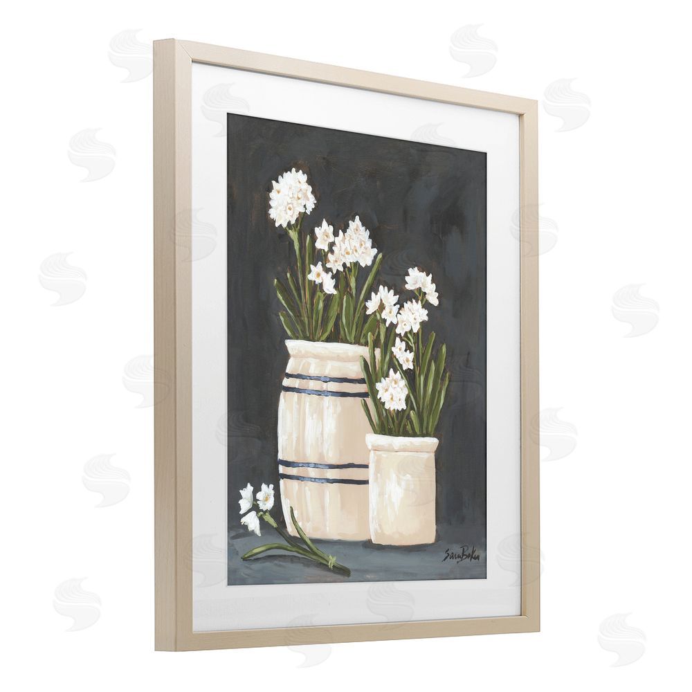 Sara Baker Vintage Crocks & Paperwhites Birch Framed Print Under Glass Wall Art