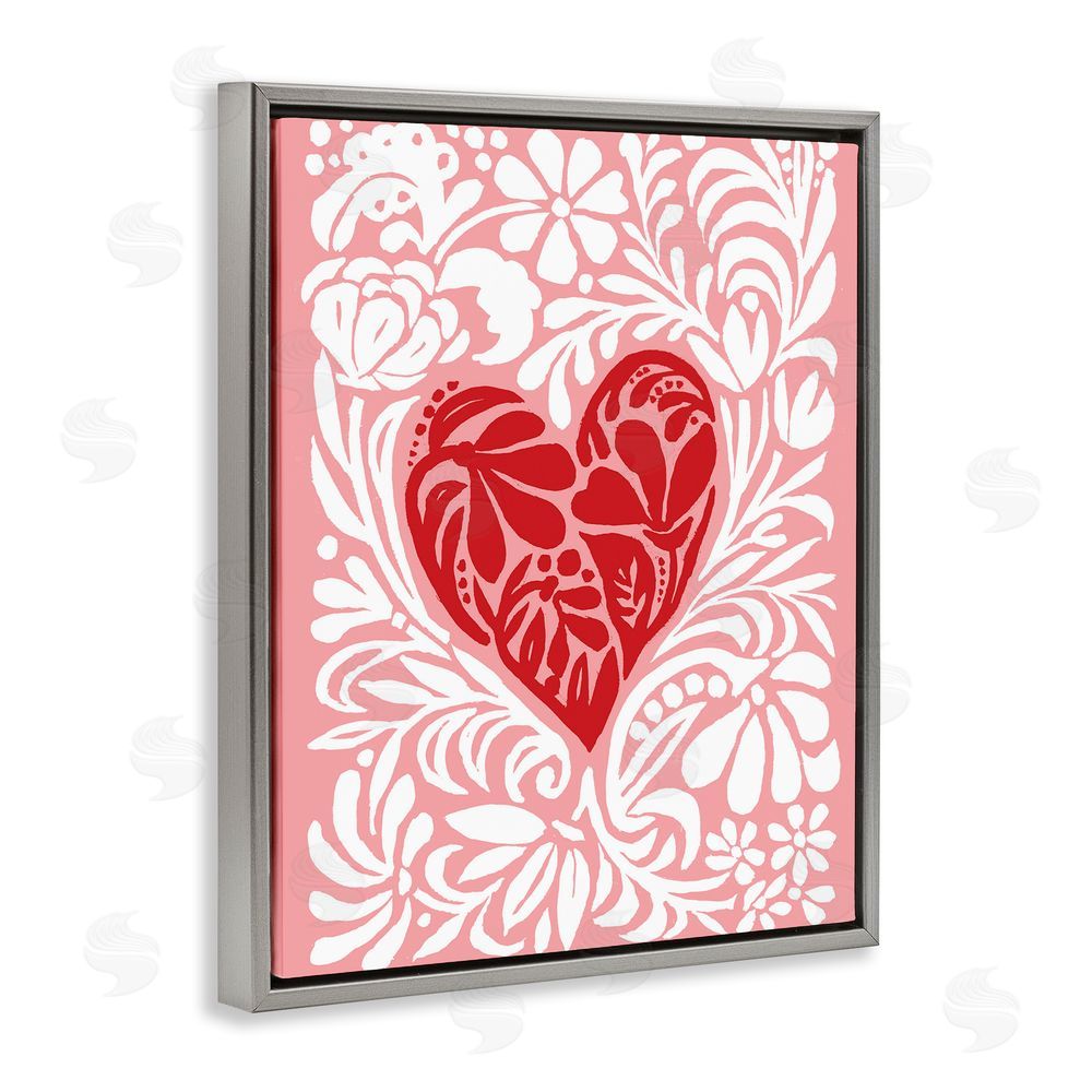 Cindy Jacobs Red Leafy Heart on Pink Gray Floating Frame Canvas Wall Art Print