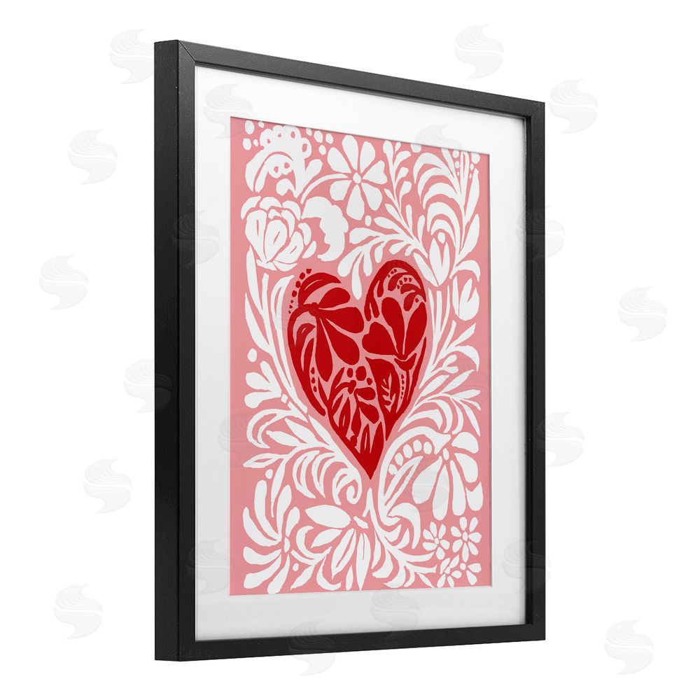 Cindy Jacobs Red Leafy Heart on Pink Black Framed Print Under Glass Wall Art