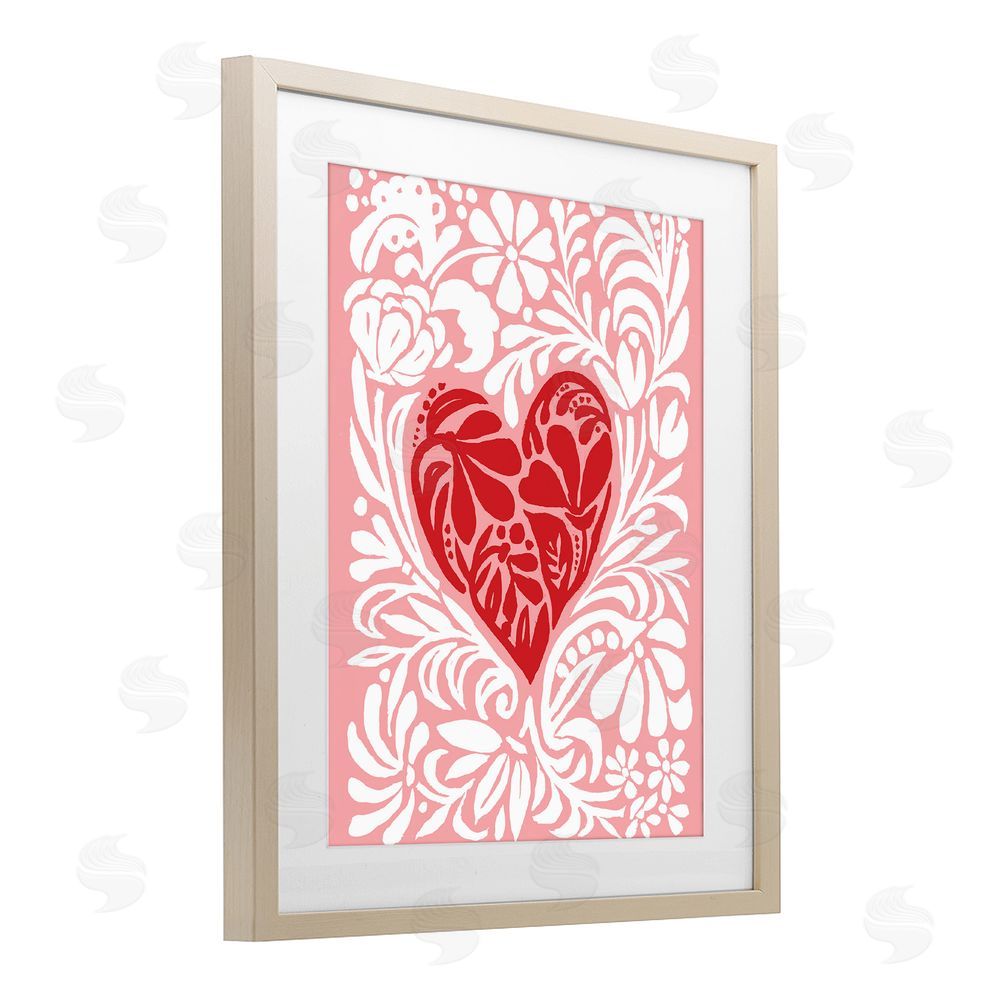 Cindy Jacobs Red Leafy Heart on Pink Birch Framed Print Under Glass Wall Art