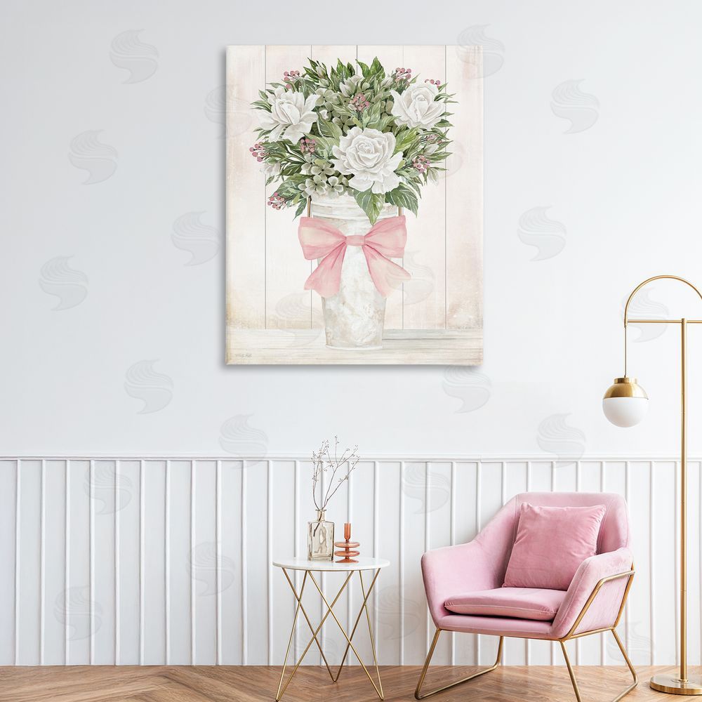 Cindy Jacobs Pretty In Pink Roses & Bow Canvas Wall Art Print in Room