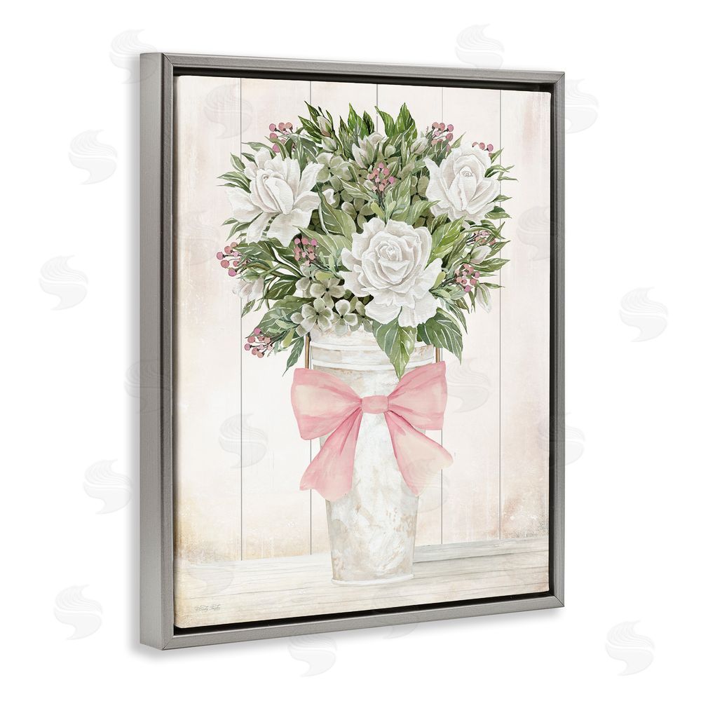 Cindy Jacobs Pretty In Pink Roses & Bow Gray Floating Frame Canvas Wall Art Print