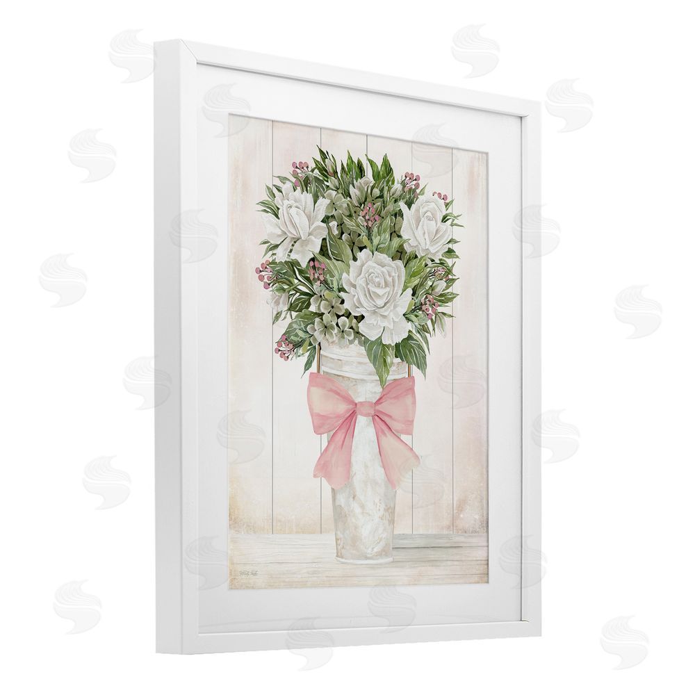 Cindy Jacobs Pretty In Pink Roses & Bow White Framed Print Under Glass Wall Art