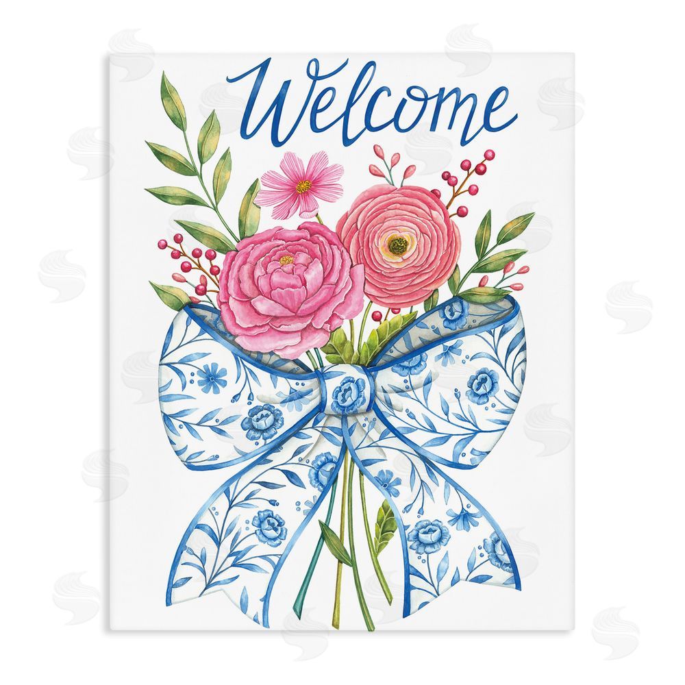 Deb Strain Bow & Flowers Welcome Stretched Canvas Wall Art