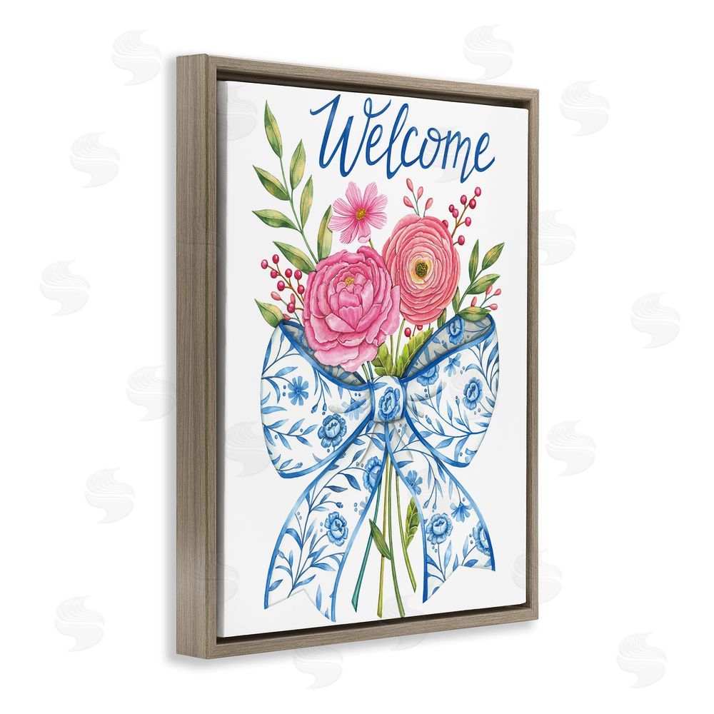 Deb Strain Bow & Flowers Welcome Brown Floating Frame Canvas Wall Art Print