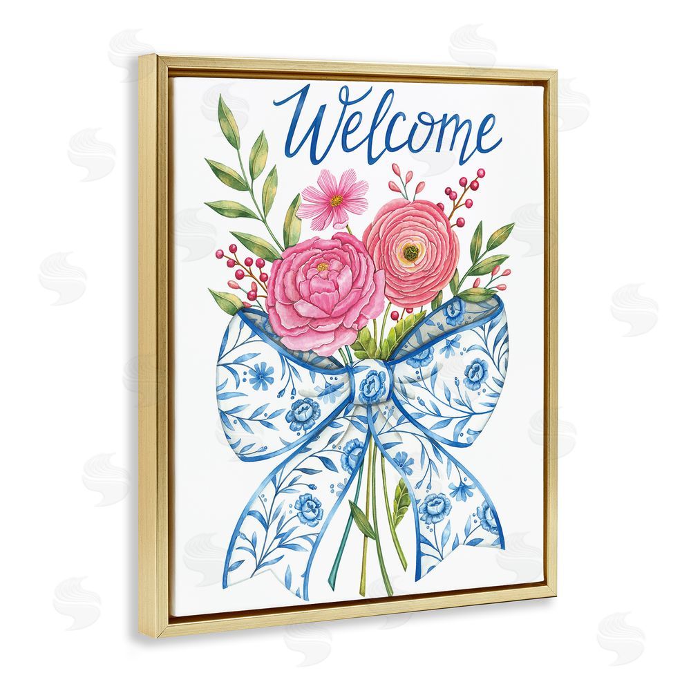 Deb Strain Bow & Flowers Welcome Gold Floating Frame Canvas Wall Art Print