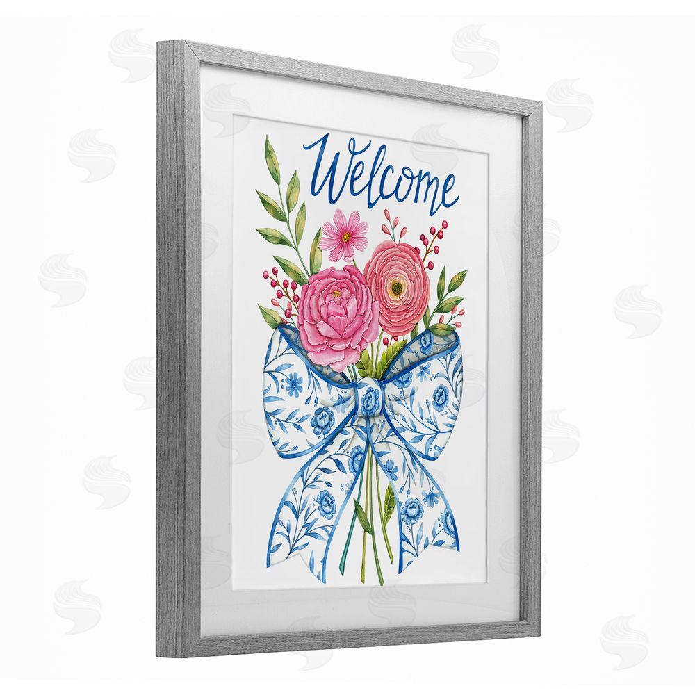 Deb Strain Bow & Flowers Welcome Gray Framed Print Under Glass Wall Art