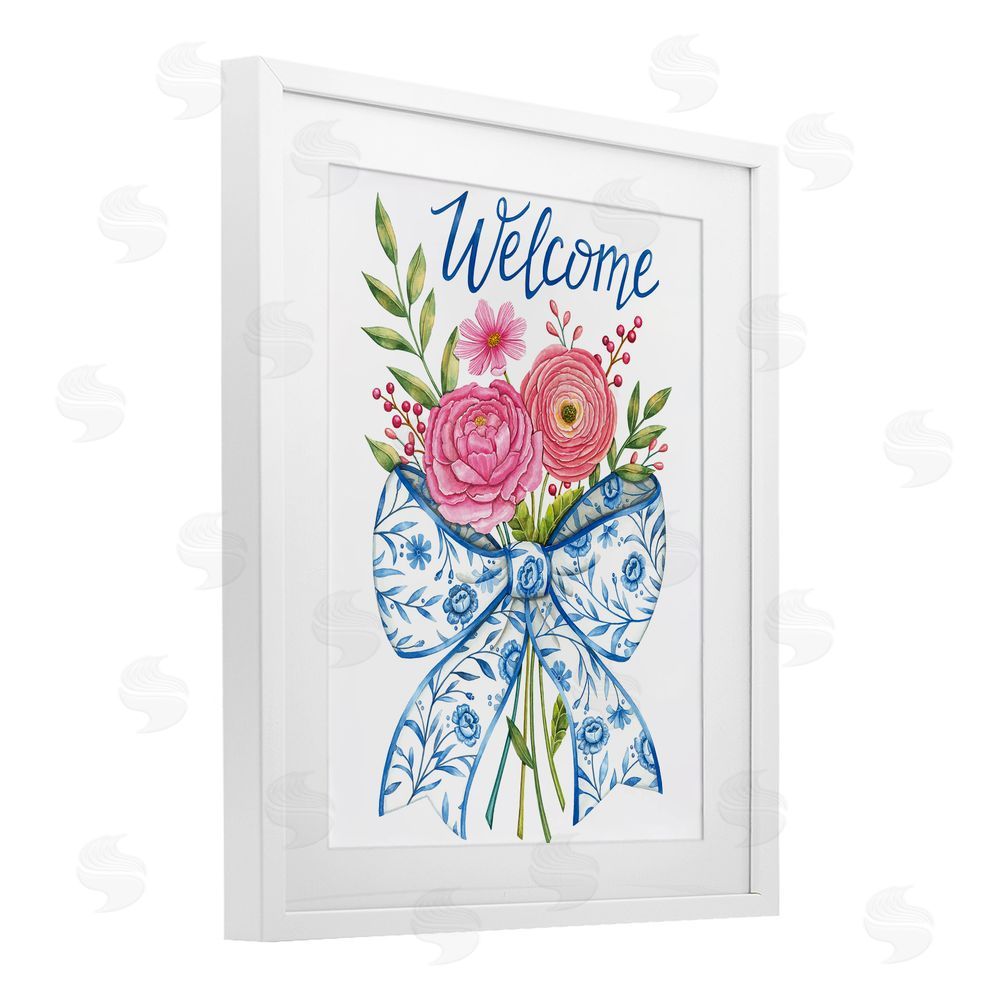 Deb Strain Bow & Flowers Welcome White Framed Print Under Glass Wall Art