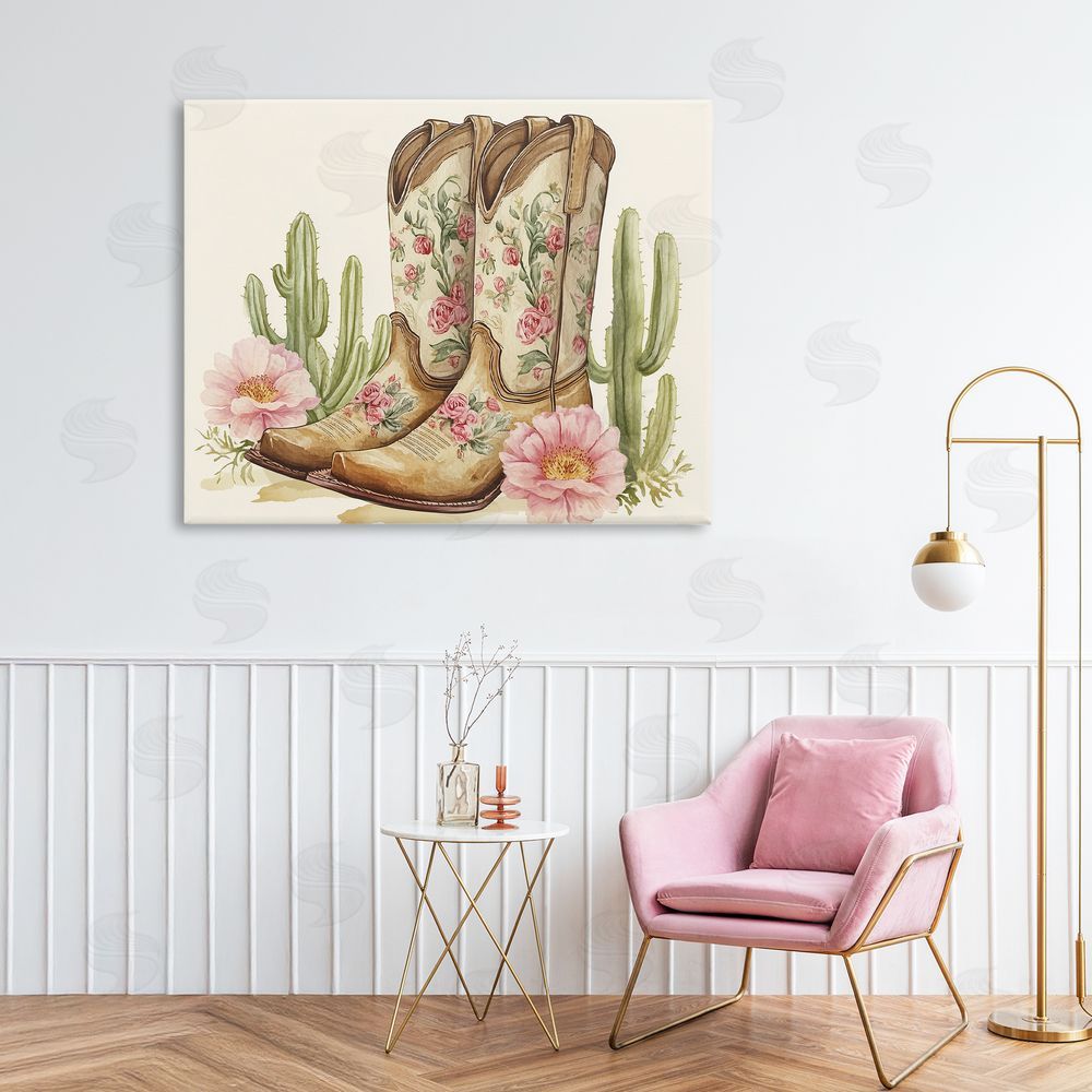 Heidi Kuntz Floral Boots & Cactuses Canvas Wall Art Print in Room