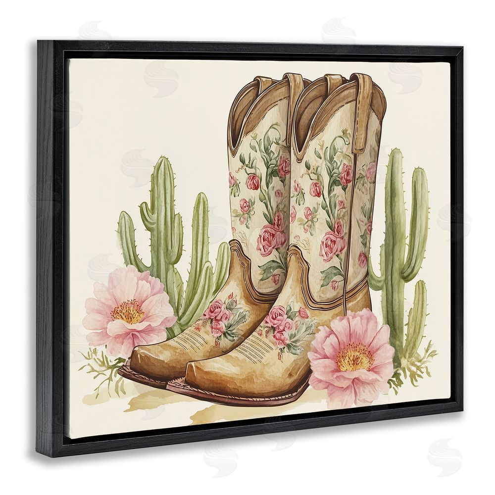 Heidi Kuntz Floral Boots & Cactuses Black Floating Frame Canvas Wall Art Print