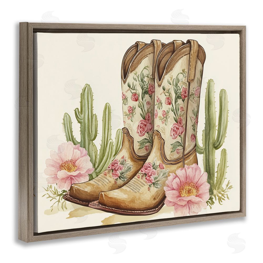 Heidi Kuntz Floral Boots & Cactuses Brown Floating Frame Canvas Wall Art Print