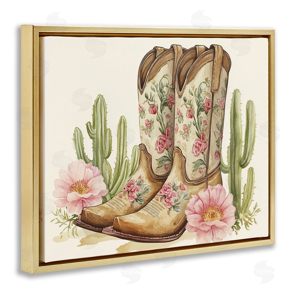 Heidi Kuntz Floral Boots & Cactuses Gold Floating Frame Canvas Wall Art Print
