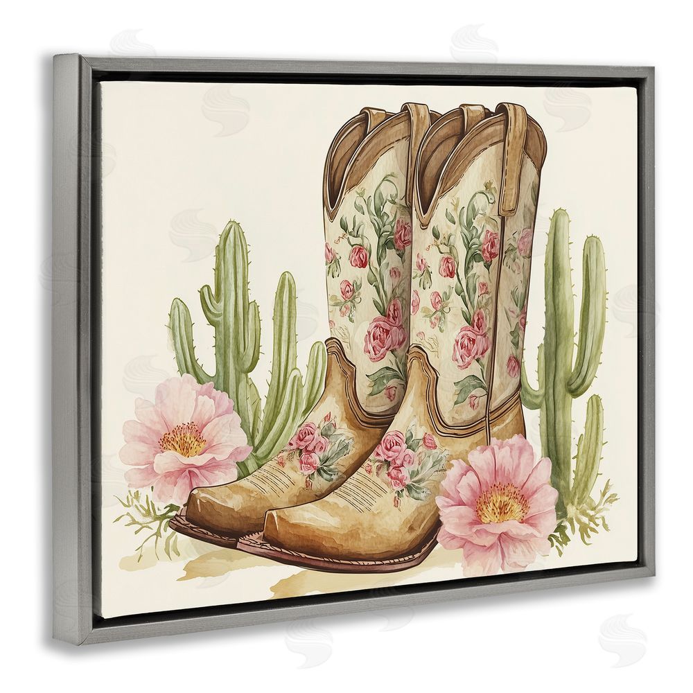 Heidi Kuntz Floral Boots & Cactuses Gray Floating Frame Canvas Wall Art Print