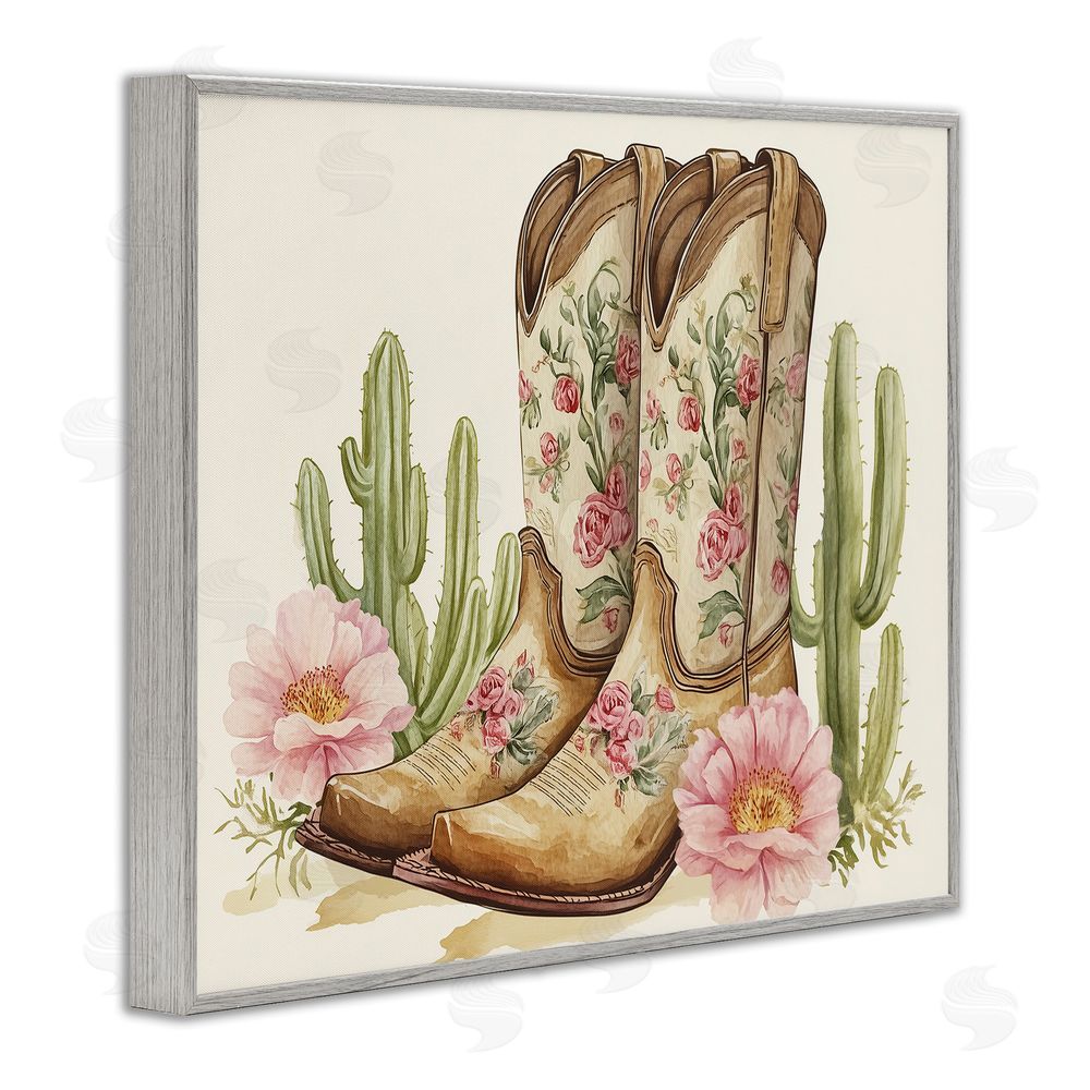 Heidi Kuntz Floral Boots & Cactuses Gray Framed Giclee Wall Art Print
