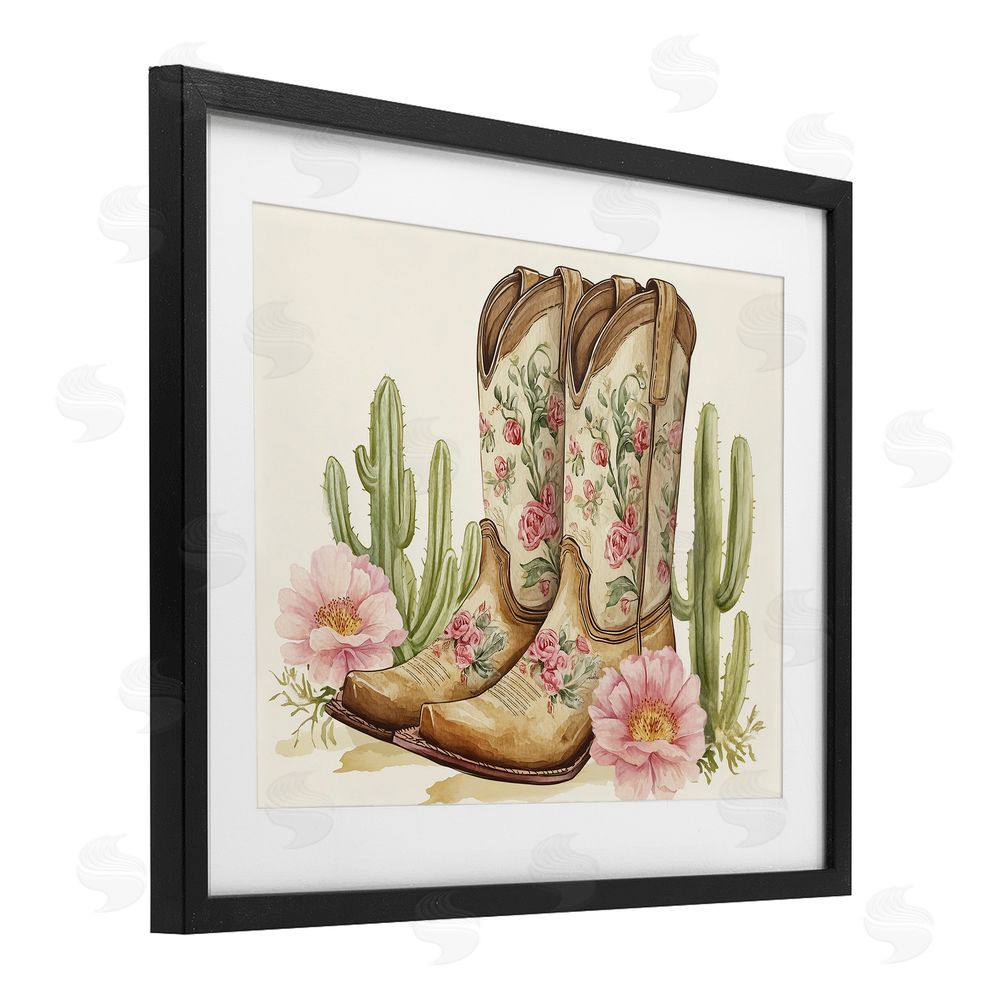 Heidi Kuntz Floral Boots & Cactuses Black Framed Print Under Glass Wall Art