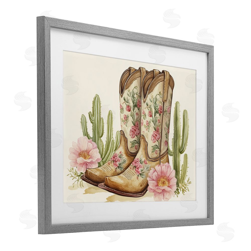 Heidi Kuntz Floral Boots & Cactuses Gray Framed Print Under Glass Wall Art