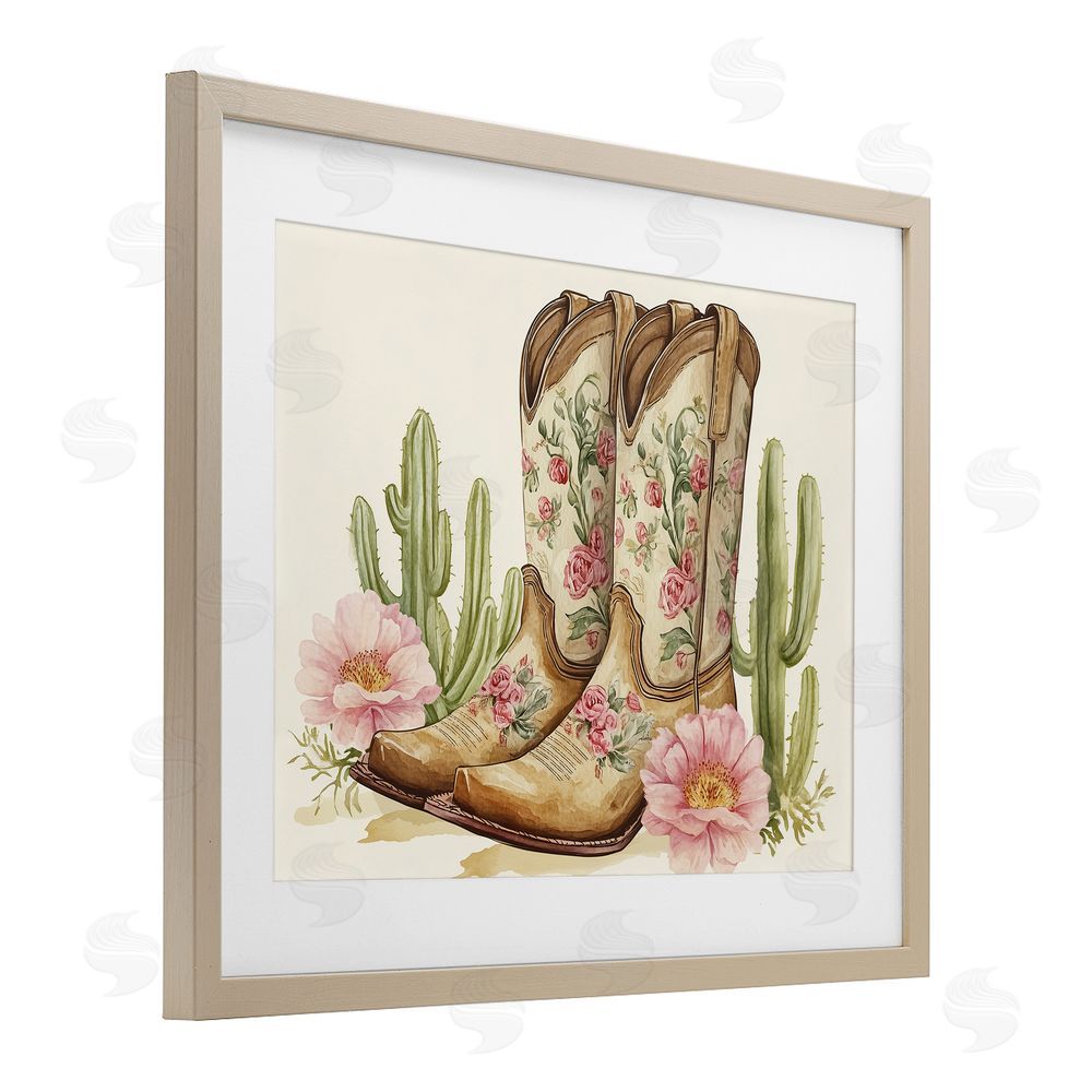 Heidi Kuntz Floral Boots & Cactuses Birch Framed Print Under Glass Wall Art