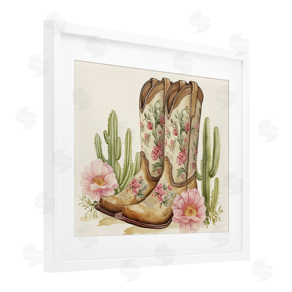 Heidi Kuntz Floral Boots & Cactuses White Framed Print Under Glass Wall Art