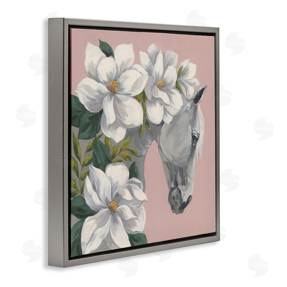 Michele Norman Sweet Maggie Floral Horse Gray Floating Frame Canvas Wall Art Print