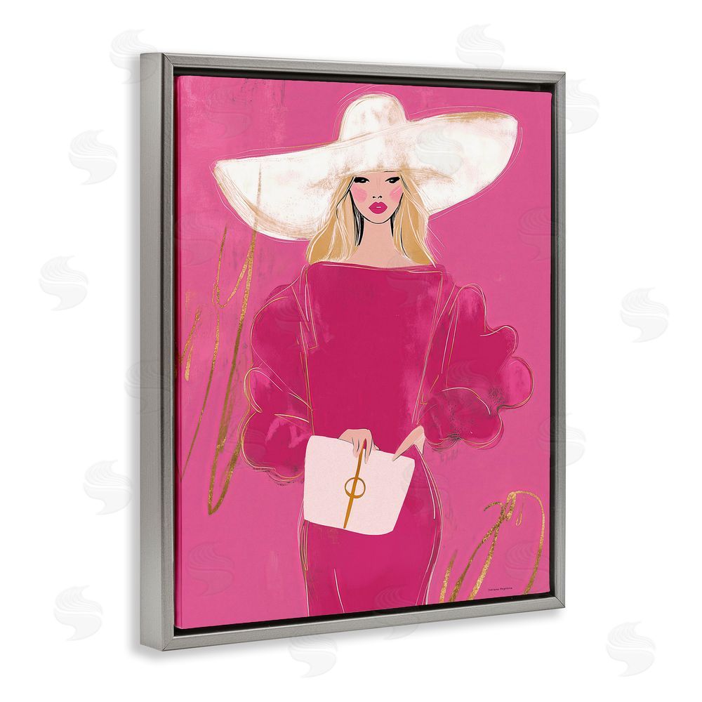 Svetlana Aleynikova Lady In Pink with Hat Gray Floating Frame Canvas Wall Art Print