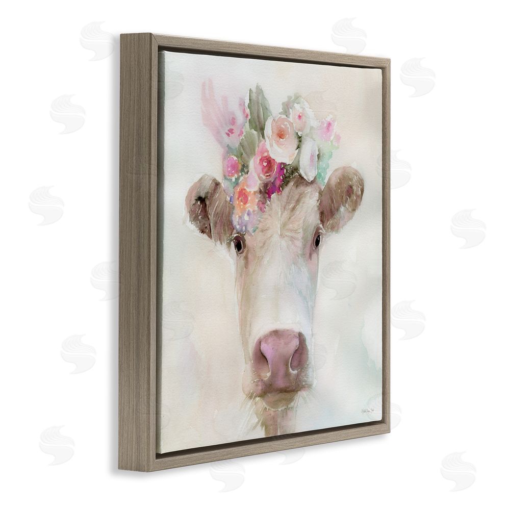 Stellar Design Studio Betsy Cow with Flowers Brown Floating Frame Canvas Wall Art Print