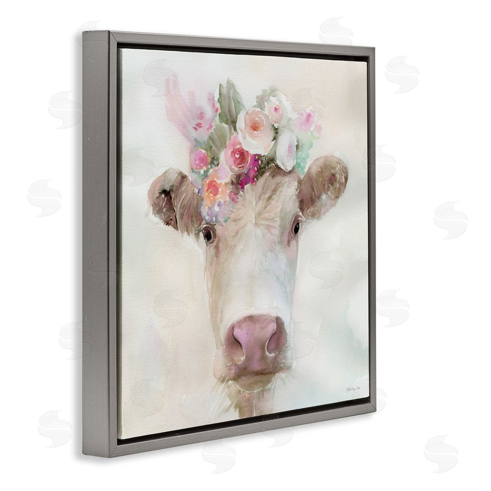 Stellar Design Studio Betsy Cow with Flowers Gray Floating Frame Canvas Wall Art Print
