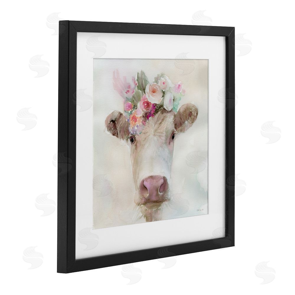Stellar Design Studio Betsy Cow with Flowers Black Framed Print Under Glass Wall Art
