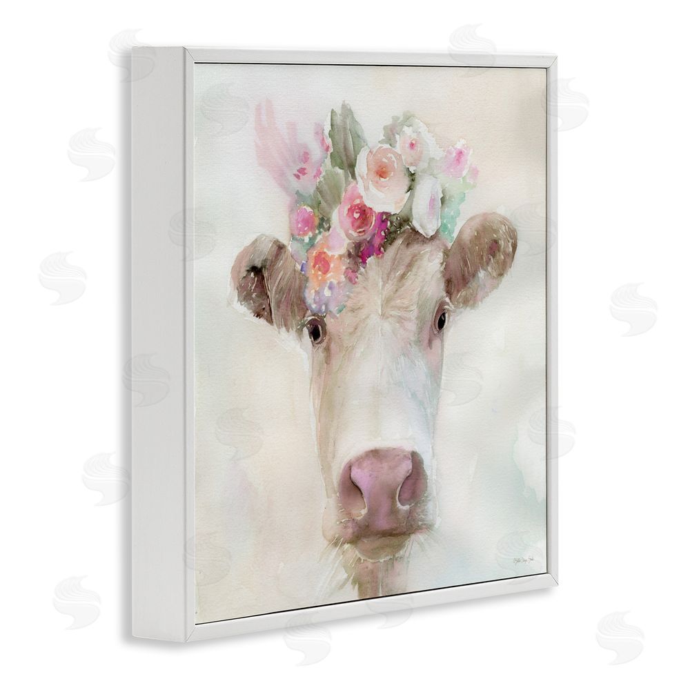 Stellar Design Studio Betsy Cow with Flowers White Framed Giclee Wall Art Print