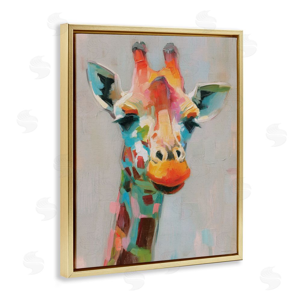 Svetlana Aleynikova Painterly Rainbow Giraffe Gold Floating Frame Canvas Wall Art Print