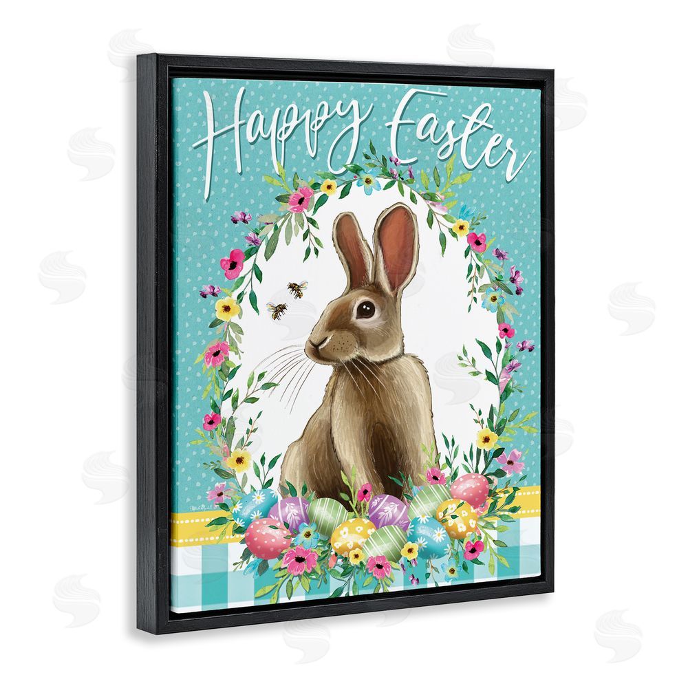 Elizabeth Tyndall Happy Easter Bunny Wreath Black Floating Frame Canvas Wall Art Print