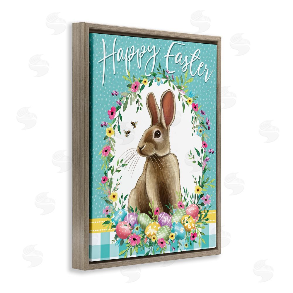 Elizabeth Tyndall Happy Easter Bunny Wreath Brown Floating Frame Canvas Wall Art Print