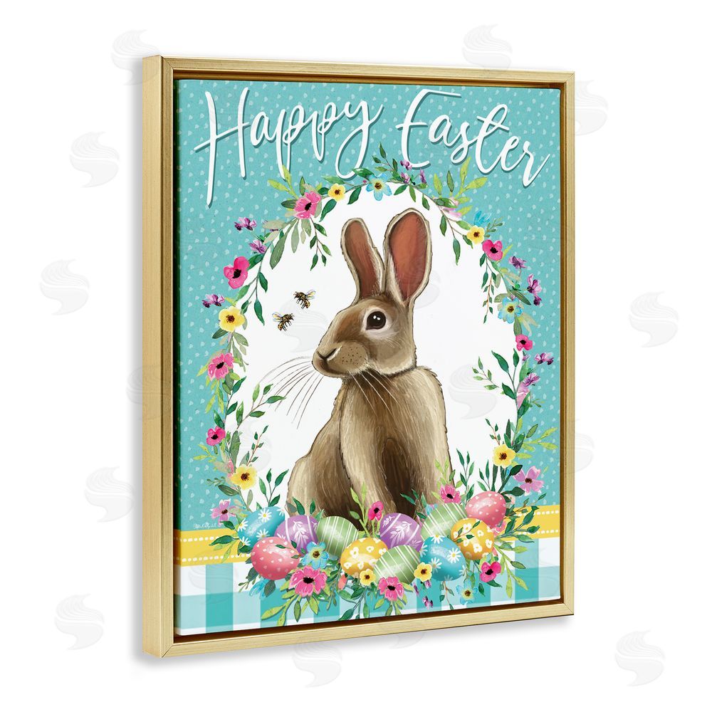 Elizabeth Tyndall Happy Easter Bunny Wreath Gold Floating Frame Canvas Wall Art Print