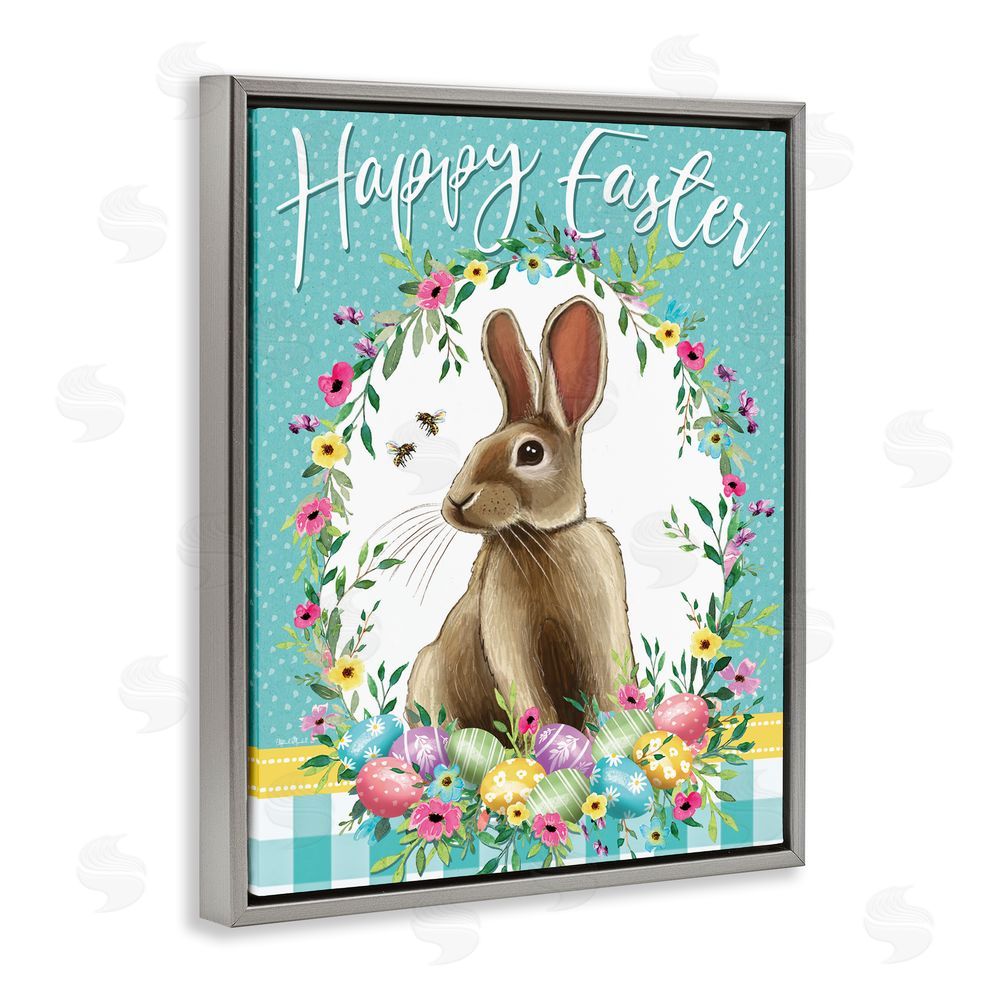 Elizabeth Tyndall Happy Easter Bunny Wreath Gray Floating Frame Canvas Wall Art Print