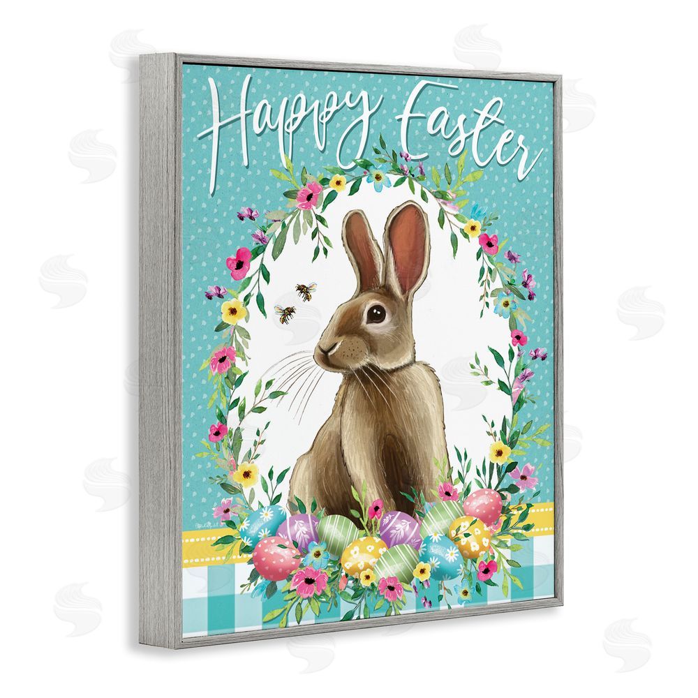 Elizabeth Tyndall Happy Easter Bunny Wreath Gray Framed Giclee Wall Art Print
