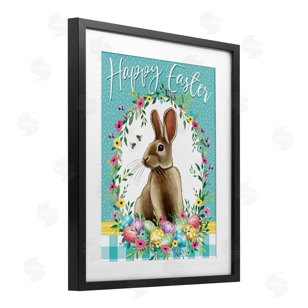 Elizabeth Tyndall Happy Easter Bunny Wreath Black Framed Print Under Glass with White Mat Wall Art