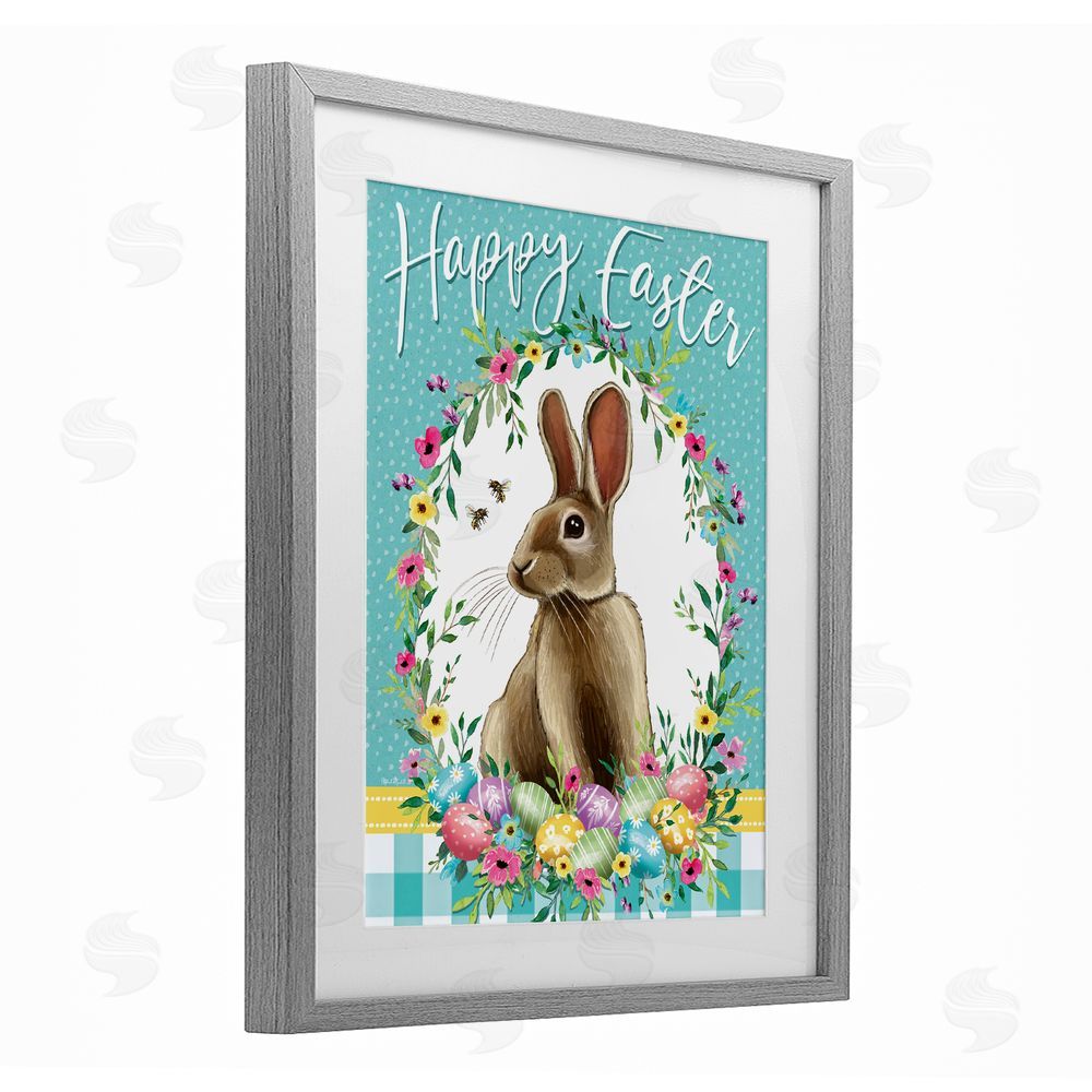 Elizabeth Tyndall Happy Easter Bunny Wreath Gray Framed Print Under Glass with White Mat Wall Art