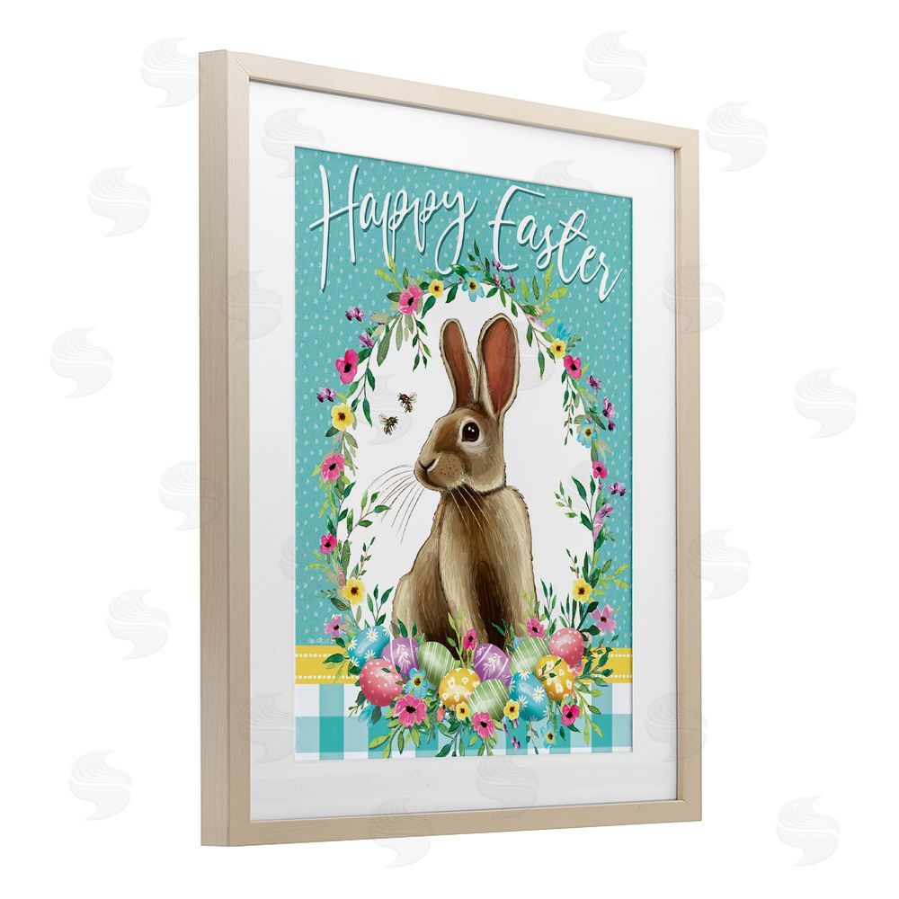 Elizabeth Tyndall Happy Easter Bunny Wreath Birch Framed Print Under Glass with White Mat Wall Art