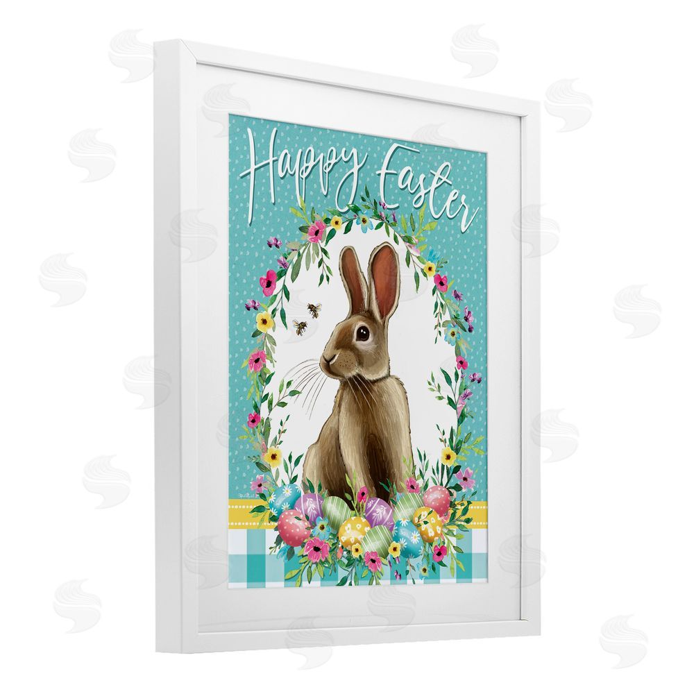Elizabeth Tyndall Happy Easter Bunny Wreath White Framed Print Under Glass with Mat Wall Art