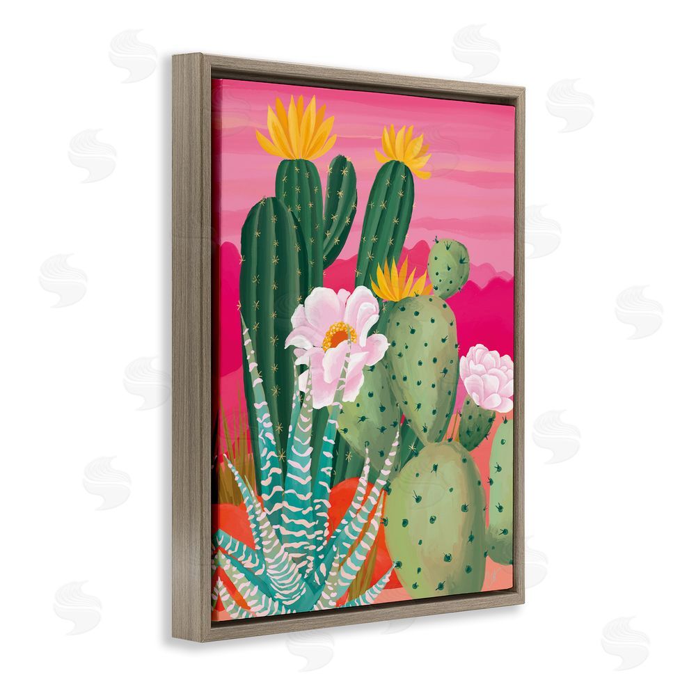 Cat Thurman Designs Sunset Cactus Plants Brown Floating Frame Canvas Wall Art Print