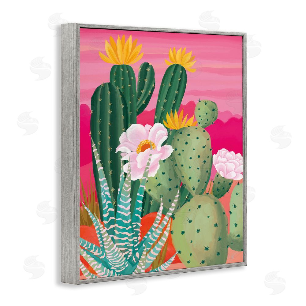 Cat Thurman Designs Sunset Cactus Plants Gray Framed Giclee Wall Art Print