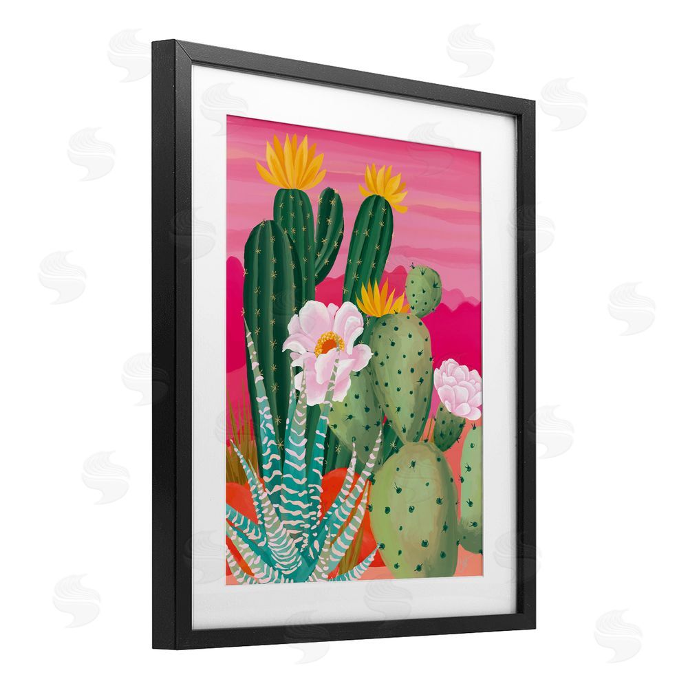 Cat Thurman Designs Sunset Cactus Plants Black Framed Print Under Glass Wall Art