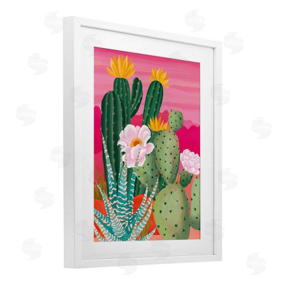 Cat Thurman Designs Sunset Cactus Plants White Framed Print Under Glass Wall Art