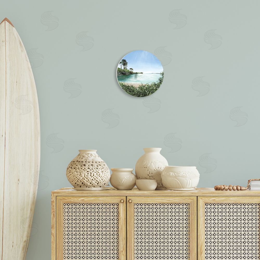 Georgie Harrison Glistening Coast Landscape Circular Wall Plaque in Room