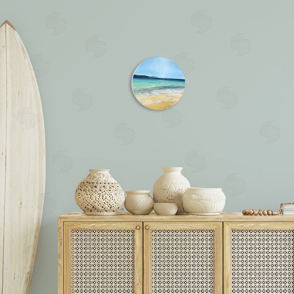 Georgie Harrison Glistening Beach Landscape Circular Wall Plaque in Room